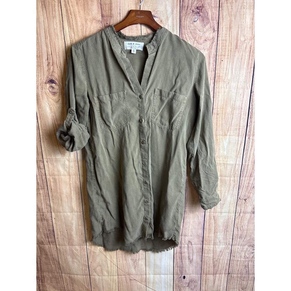 Cloth & Stone Anthropologie Linen Dress High Low Olive Green Women's Size S